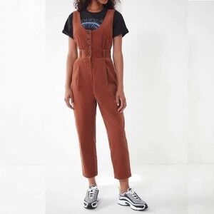 Rust Orange Corduroy Button Front Jumpsuit Utility Boho Sleeveless Romper 70s 4